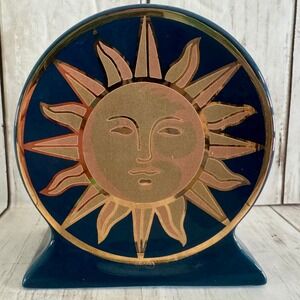 Vintage Springmaid Celestial Sun Face Ceramic Toothbrush Holder Teal Gold 90s